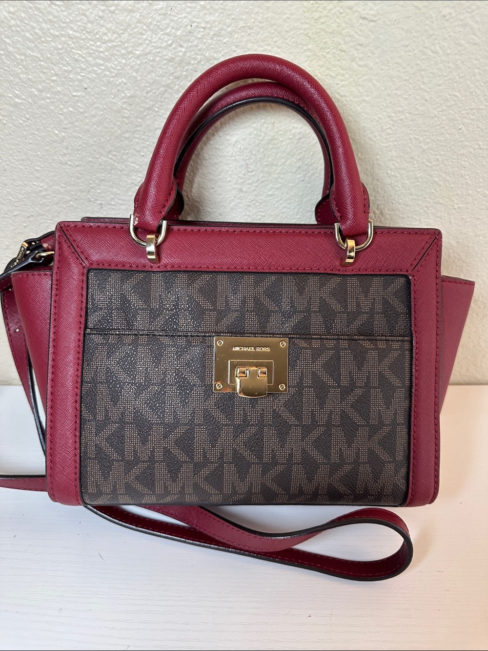 Michael Kors Tina Tote MK Logo Satchel with Burgundy Trim & long strap